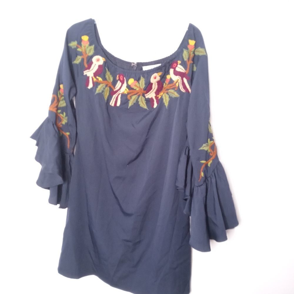 Judith March navy tunic dress with bird embroidery